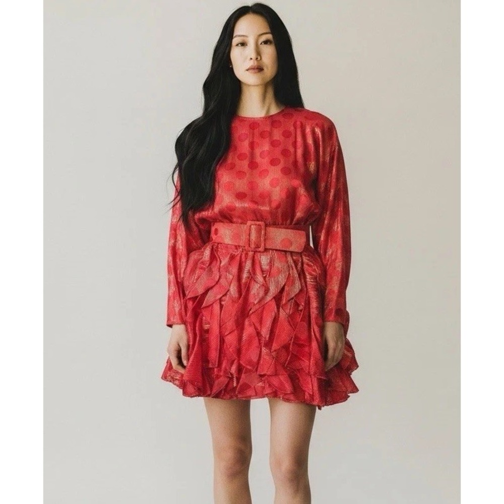 80s Gillian 100% Silk Dress Ruffles Red Gold Polka Dots Vtg Sz 10, 4/6 Party